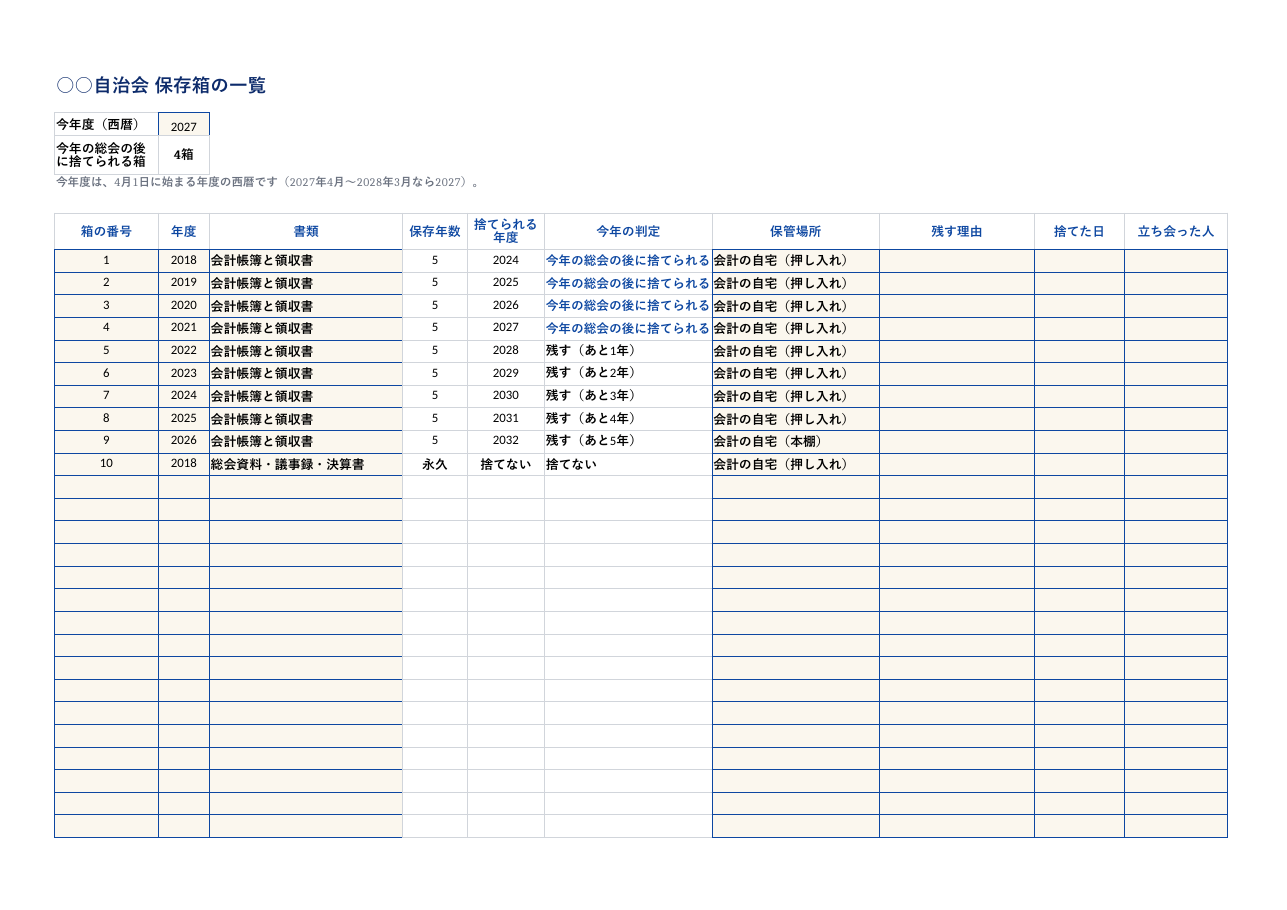 自治会_書類の保存年数表_記入例.xlsx の見本。1 枚目のシートの上部