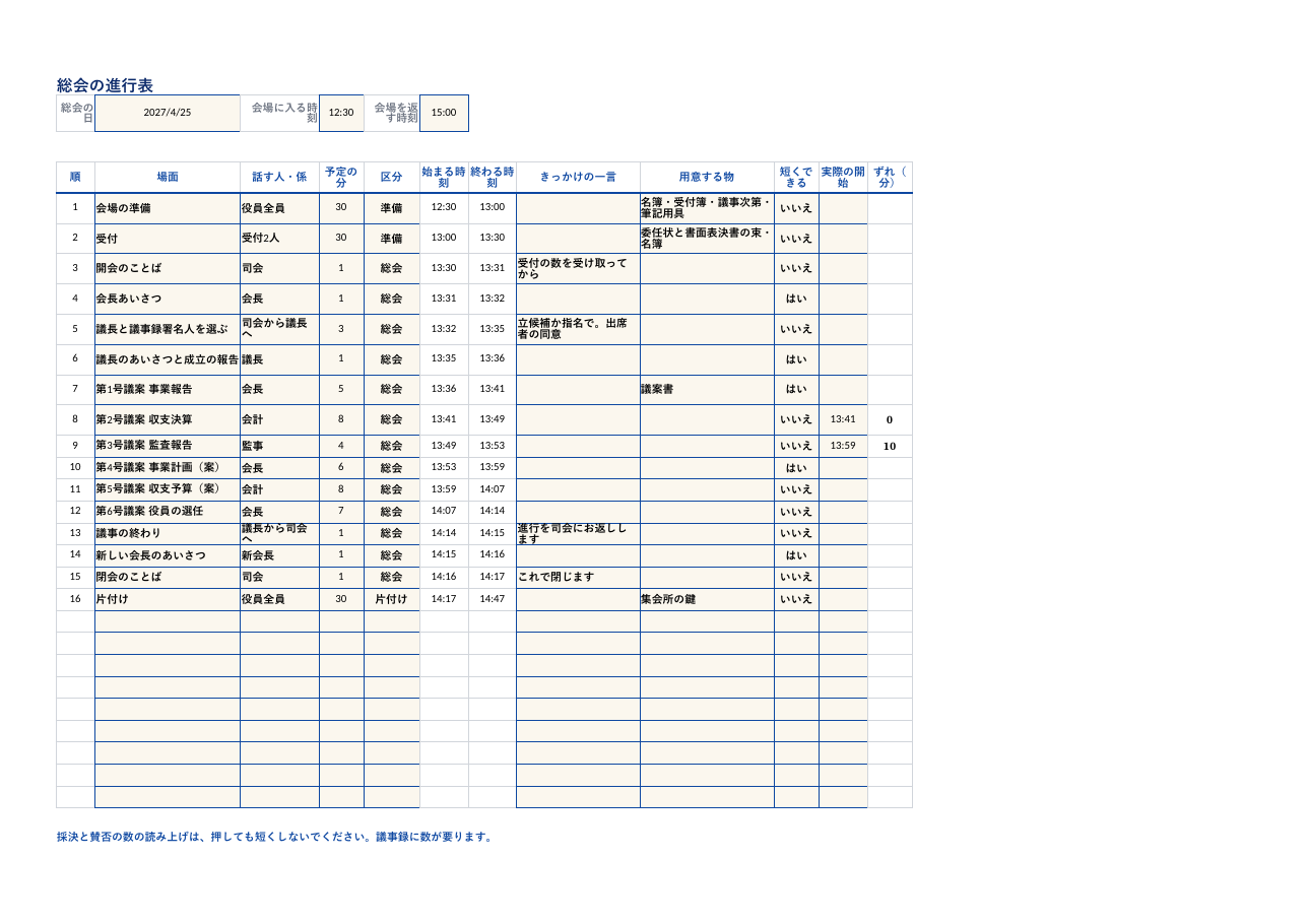 自治会_総会の進行表_記入例.xlsx の見本。1 枚目のシートの上部
