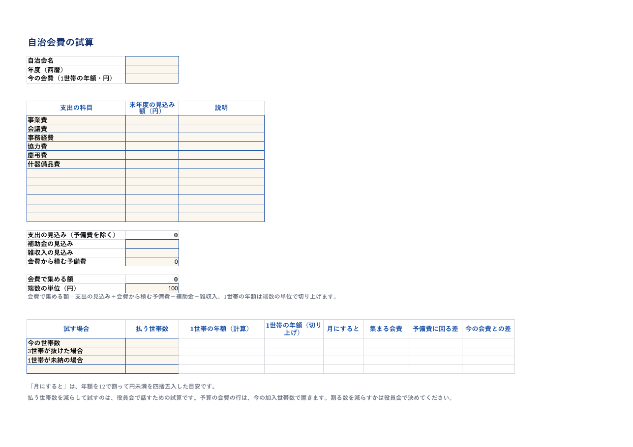 自治会費の試算シート.xlsx の見本。1 枚目のシートの上部