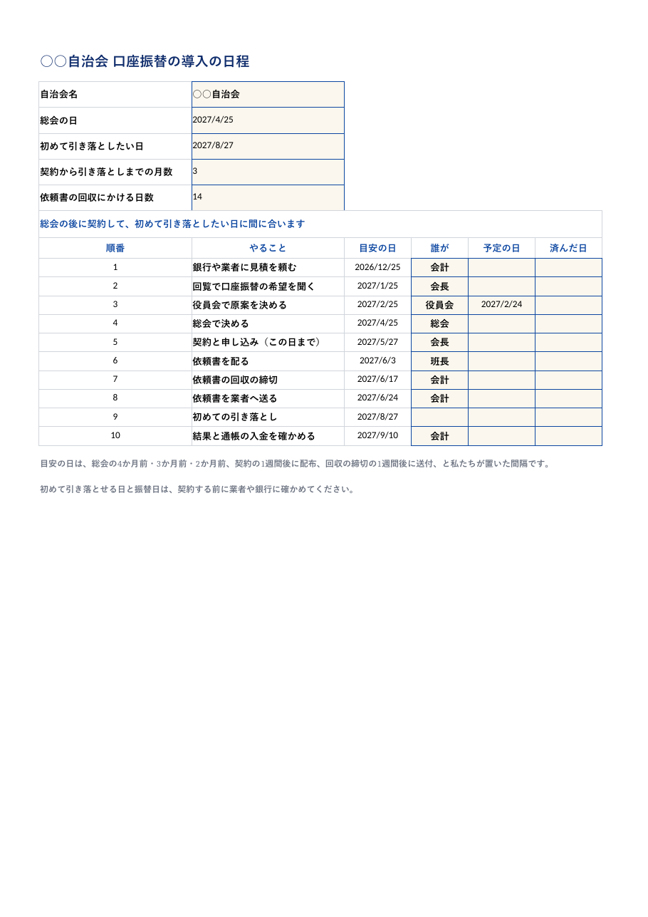 口座振替の導入表_記入例.xlsx の見本。1 枚目のシートの上部